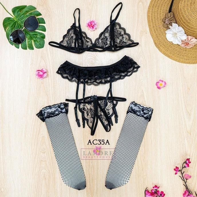Bra Wanita Bh Cd Seksi + Stoing Sexy + Belt Hitam Ac35A S005