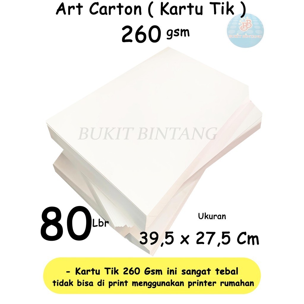 

Art Carton ( Kartu Tik ) 260 Gsm Ukuran 39,5 x 27,2 Cm , isi 80 lembar