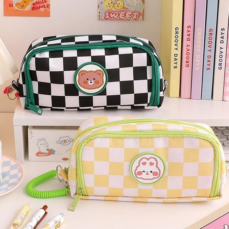 Super Sale Kartun Beruang Pensil Sleting Zipper Kotak Pensil Sleting Import Korea / Grid Waterproof 