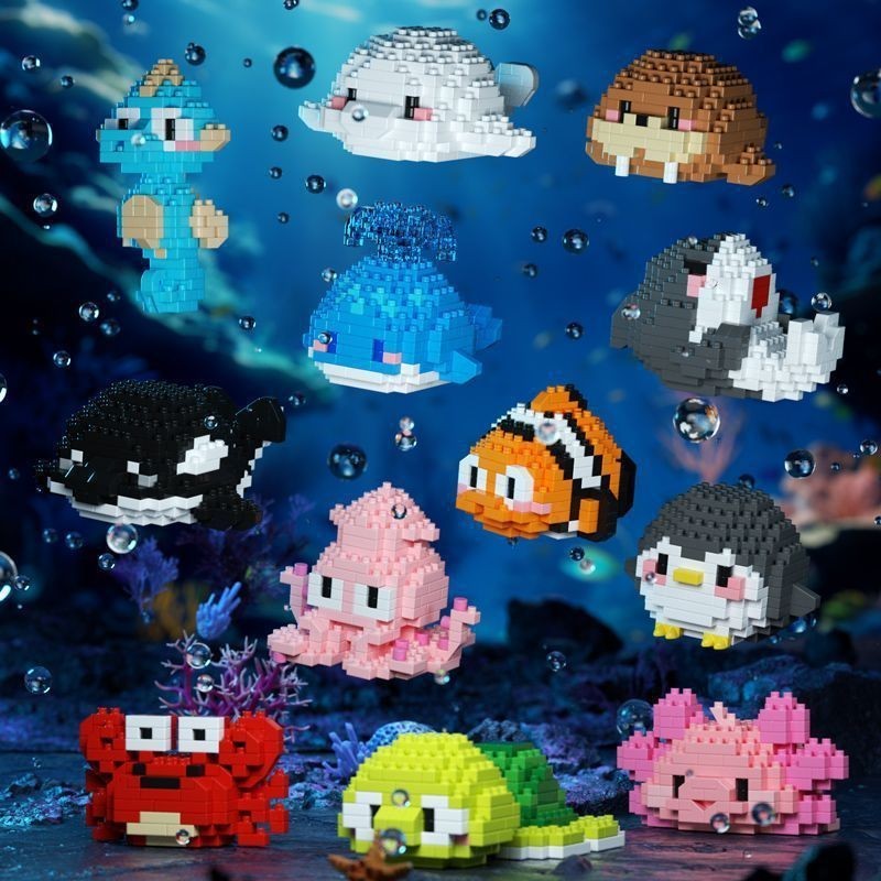 Mini Blok Penguin Model Blok Bangunan Seri Kehidupan Laut Paus Beluga Gurita Block Toys Mainan