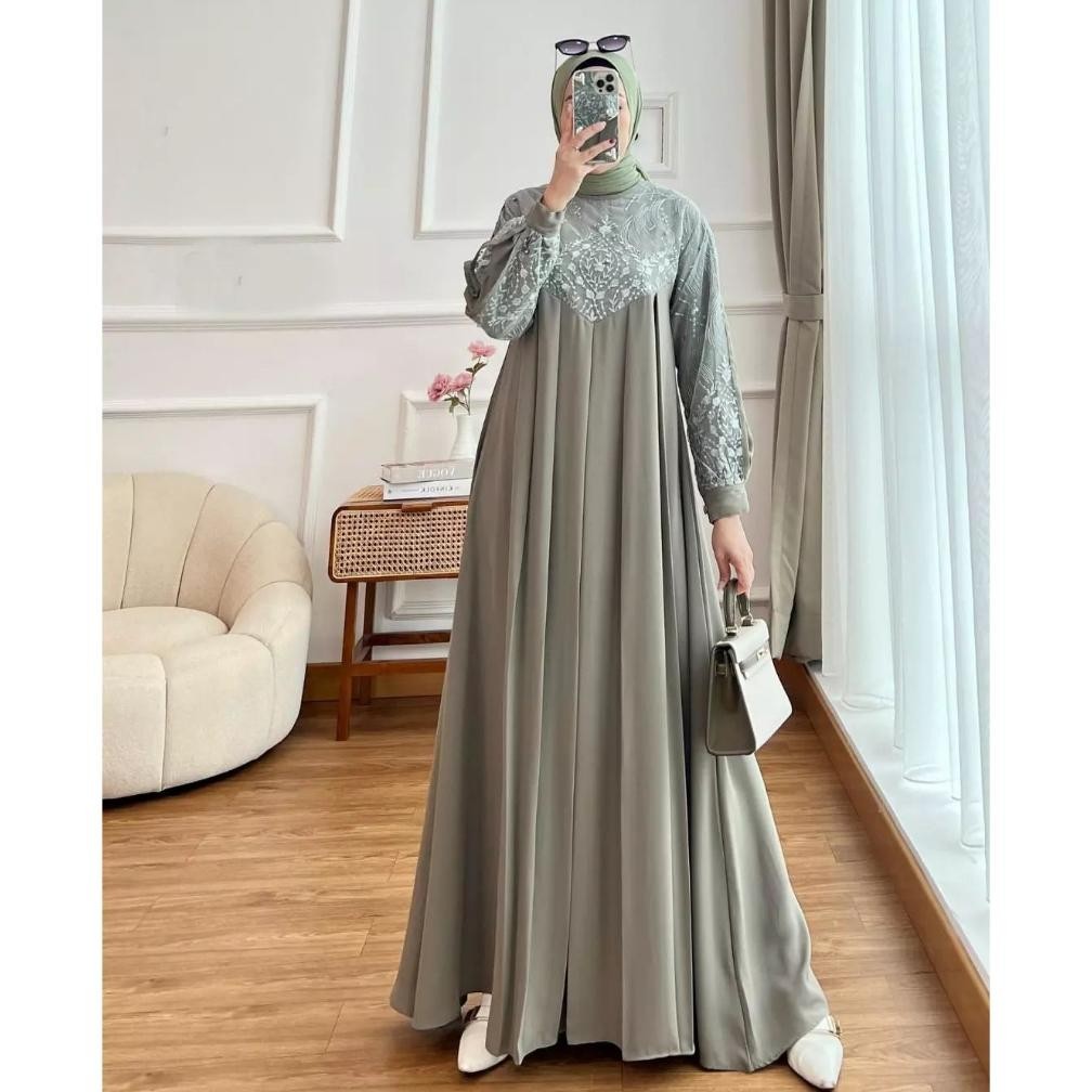 Gamis Wanita Remaja Kekinian Ameena Bahan Ceruty Badoll Mix Brat Tile Dress Kondangan Warna Hijau Dr