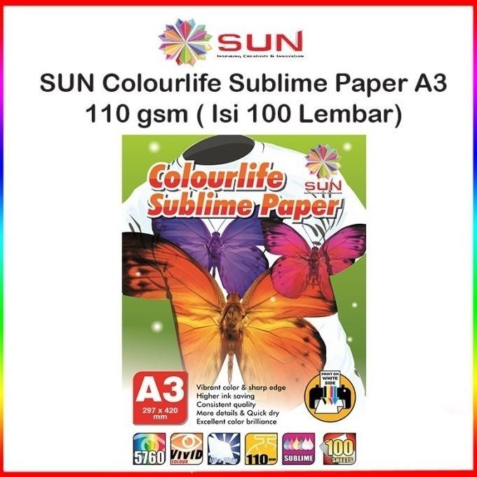 

Flash Sale Kertas Sablon Sublim Transfer Paper A4 /F4/A3 110 Gsm - Sun Colourlife Sublime Paper A4 Isi 100 Lembar ( Untuk Mesin Press Mug, Mesin Press Kaos, Keramik, Piring, Topi, Plat Alumium, Puzzle, Bantal ) Murah