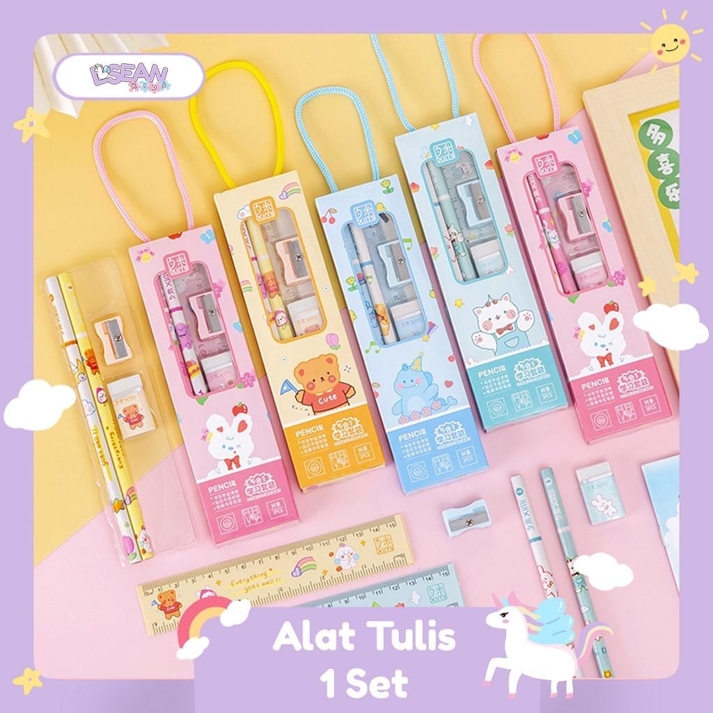 

df-8 Stationery Set Alat Tulis Sekolah 5 in 1 Lengkap Pensil Penggaris Penghapus Rautan Lucu Premium
