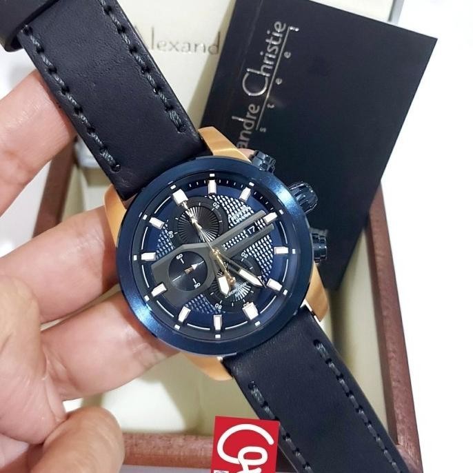 ALEXANDRE CHRISTIE AC6562 AC 6562 BLUE ROSEGOLD BLACK LEATHER STRAP