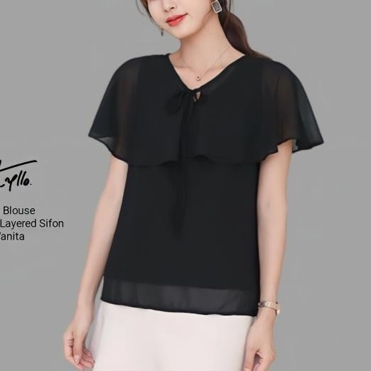 Baju Blouse Blus Wanita Lengan Dek Sifon Korea Double Layer - Hitam