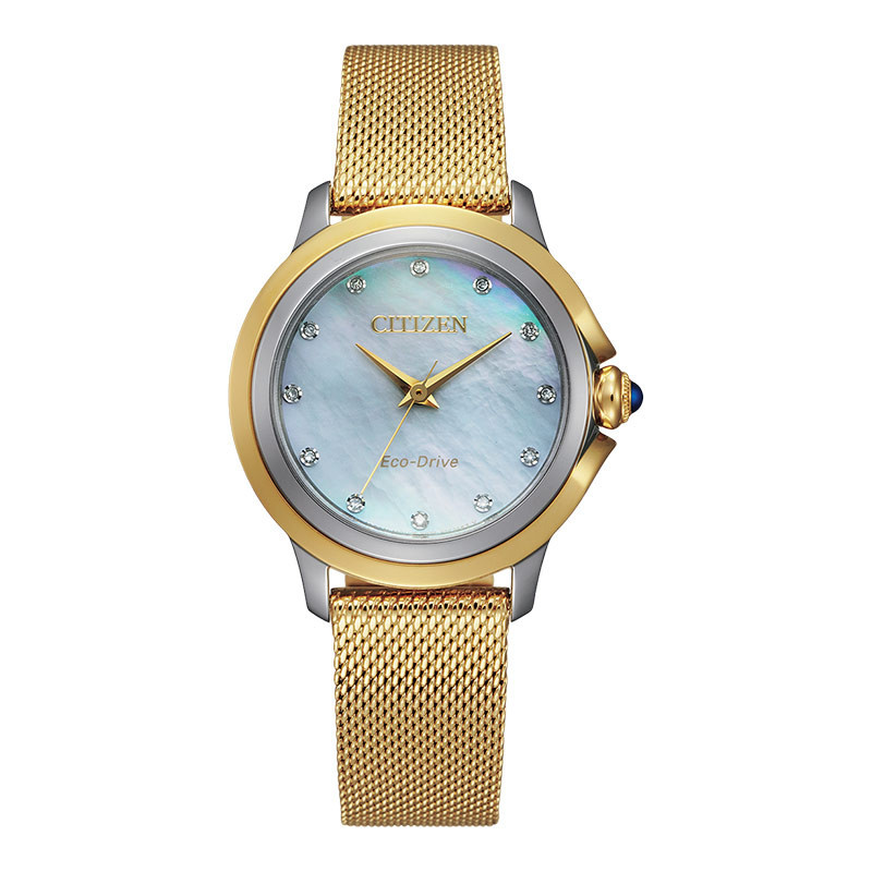 Jam Tangan Wanita Citizen Eco-Drive EM0794-54D Mother Of Pearl Dial Gold Stainless Steel Strap