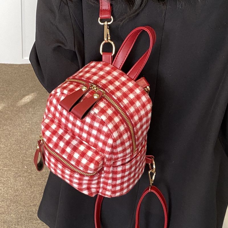 Tas Ransel Wanita Kotak-kotak Wol, Tas Kurir Multifungsi