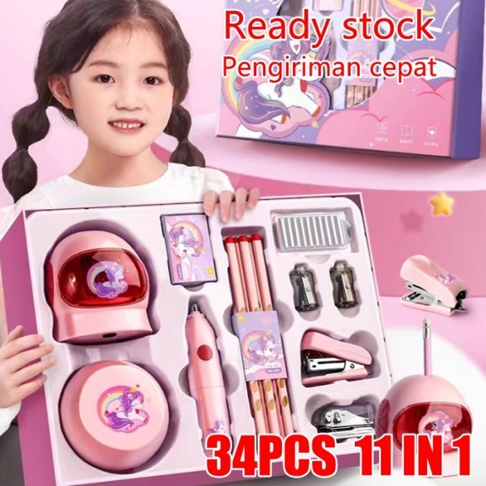 

STOCK READY 34PCS 11 In 1 Electric Stationery Set / Set Alat Tulis