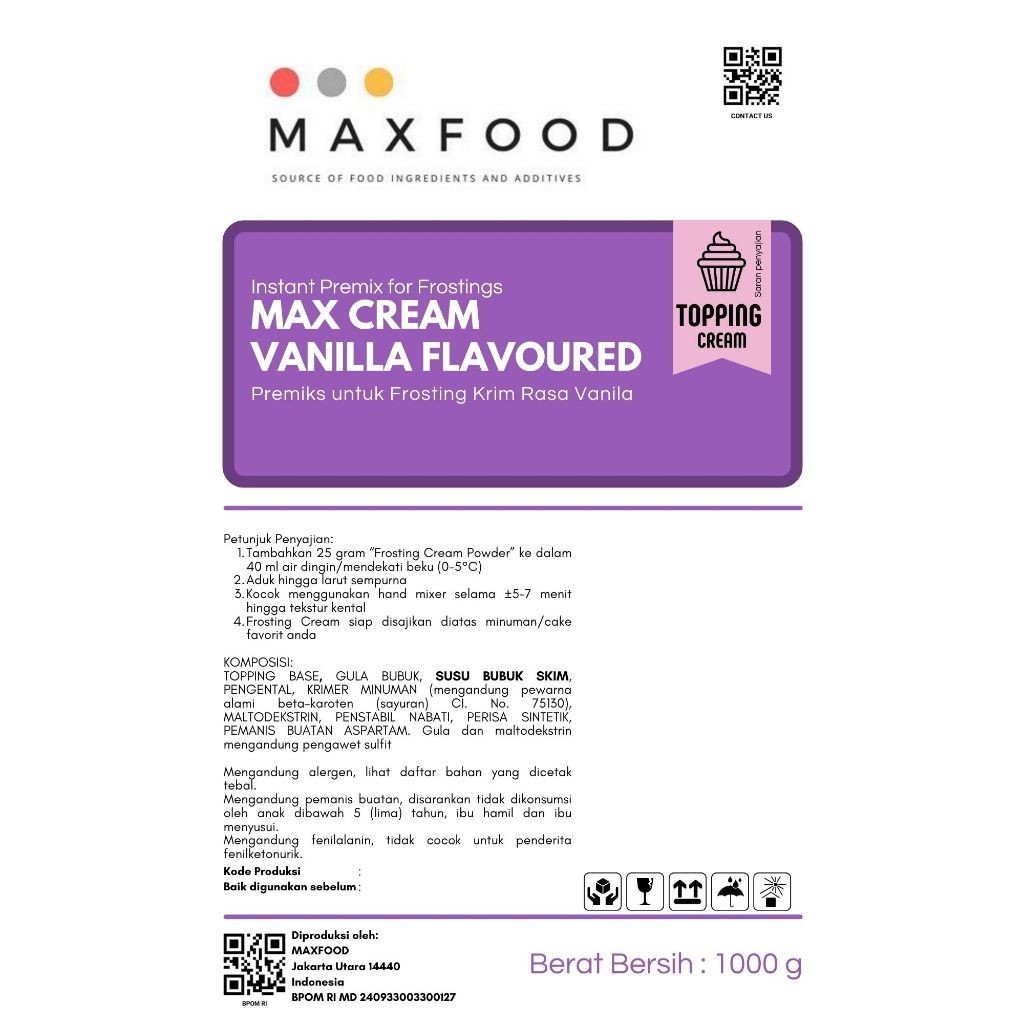 

MAXFOOD - Whipping Cream Vanilla Powder / Bubuk Topping Whipping Cream Rasa Vanilla 1 KG