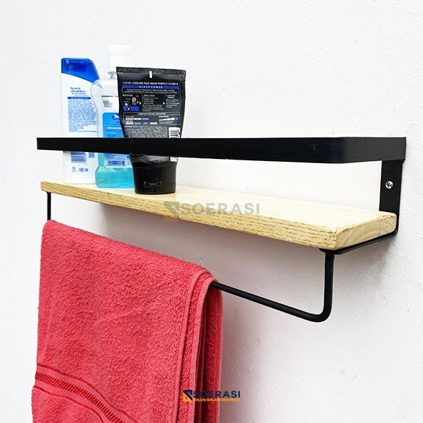 GANTUNG Rak Dinding Tempel Gantung Kamar Mandi Laundry Ambalan Kayu dan Besi Penyimpanan Sabun Odol 