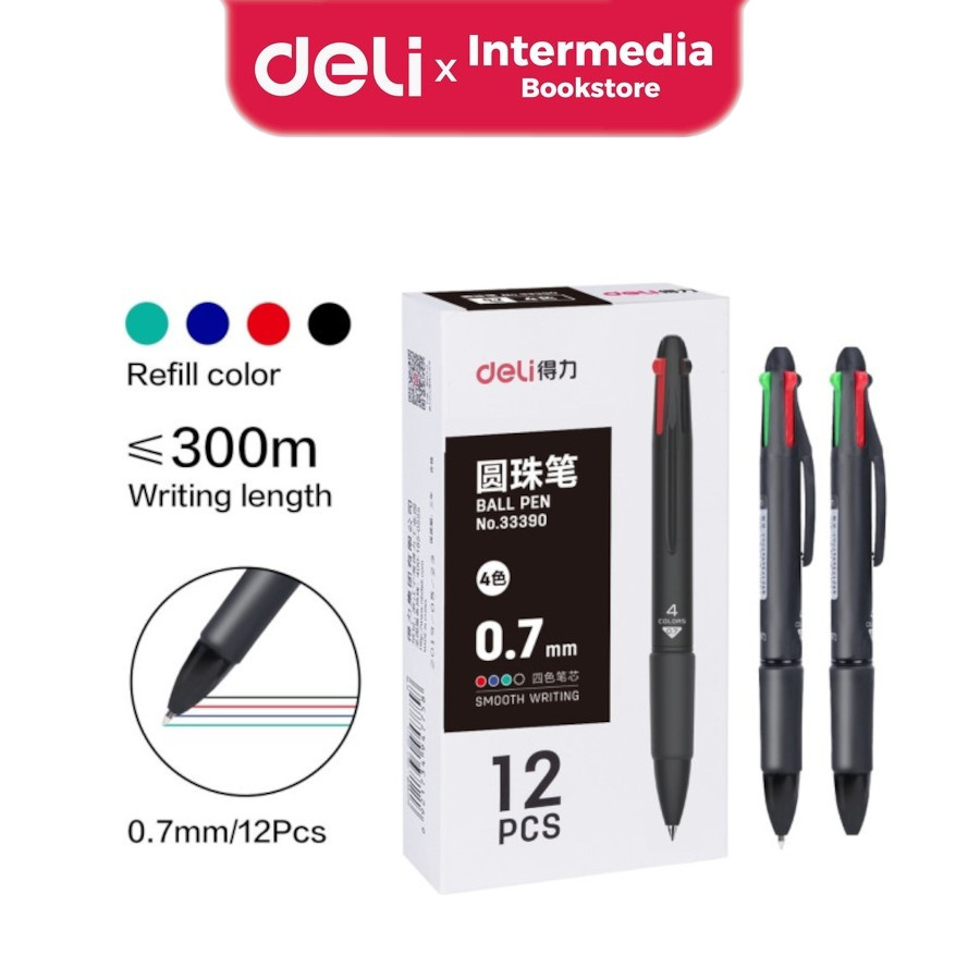 

Deli 33390 pulpen cetek warna-warni empat warna 0.7mm pulpen pelajar