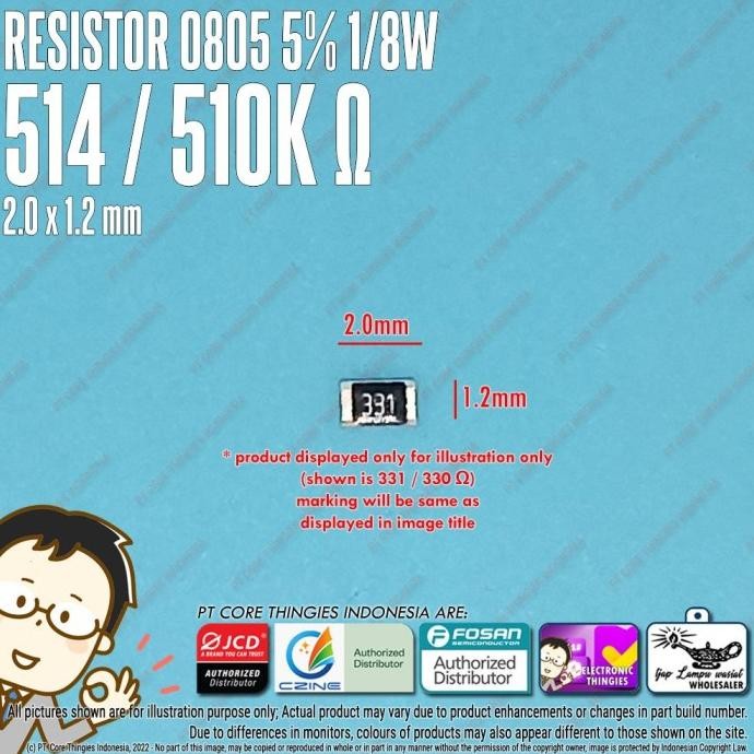 Murah (20) RESISTOR 0805 5% 514 / 510K OHM SMD 2012 thingie43 dijamin