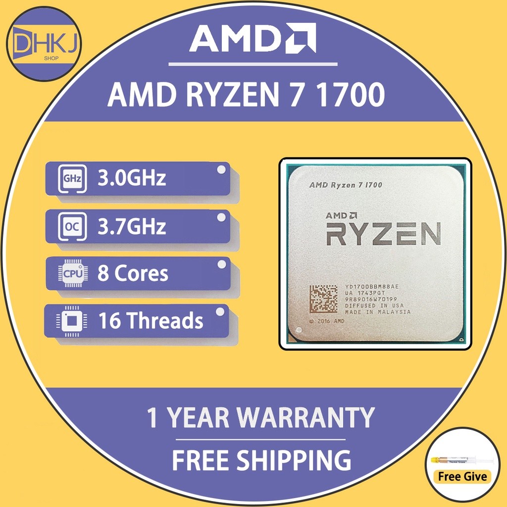 BEKAS AMD Ryzen 7 1700 R7 1700 3.0 GHz Prosesor CPU Delapan Inti Enam Belas Utas 65W YD1700BBM88AE S