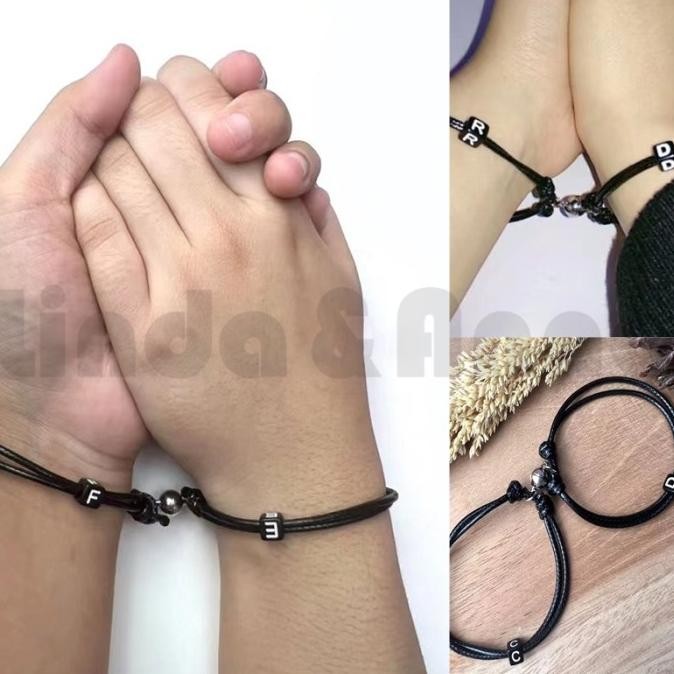 Gelang Couple Magnet Inisial Huruf - Gelang Huruf Dadu Tali Korea 1Mm Hitam (Inisial Huruf A-Z)