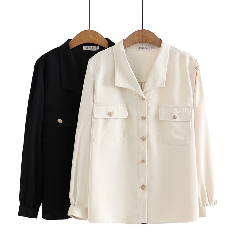 Atasan Hitam Berkancing Kerah V Wanita Ukuran Plus XL-4XL Blus Pakaian Kantor A-line Warna Polos Wan