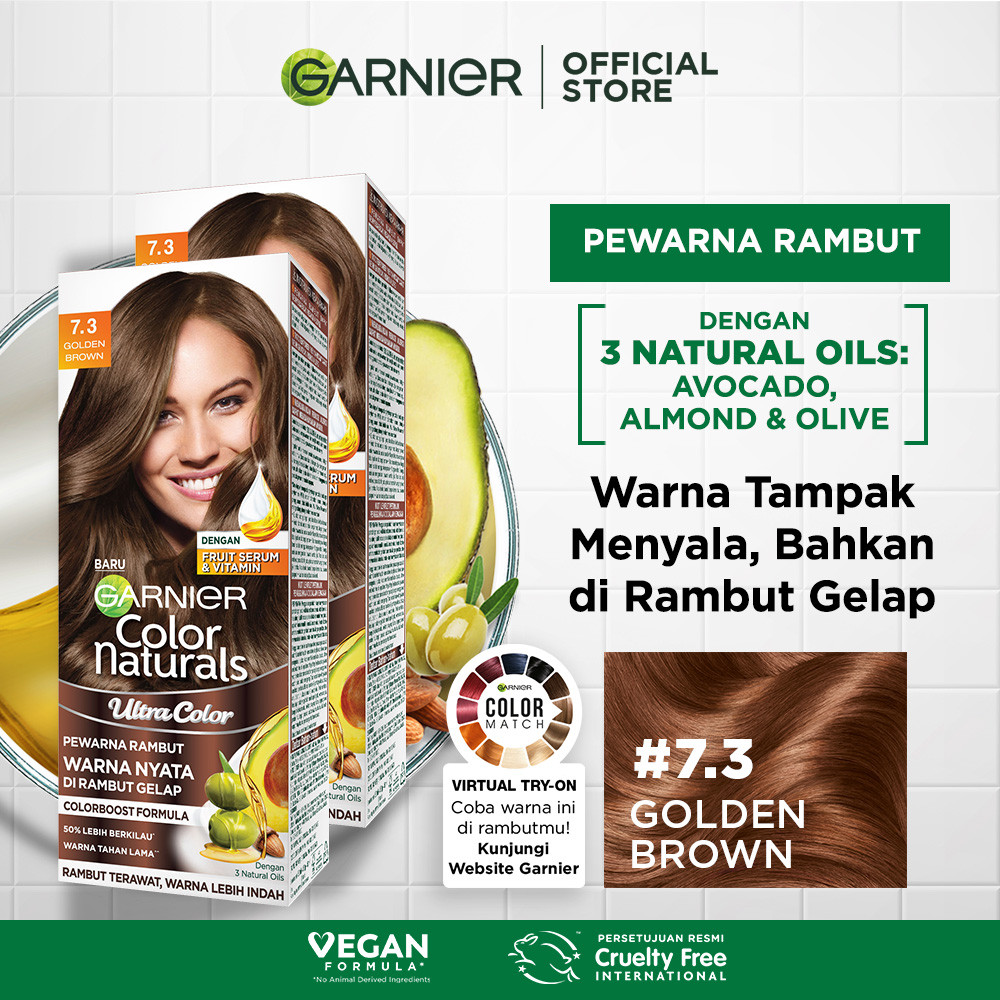 Garnier Color Naturals Hair Color - 7.3 Golden Brown (Cat / Pewarna Rambut Permanent) - Twinpack