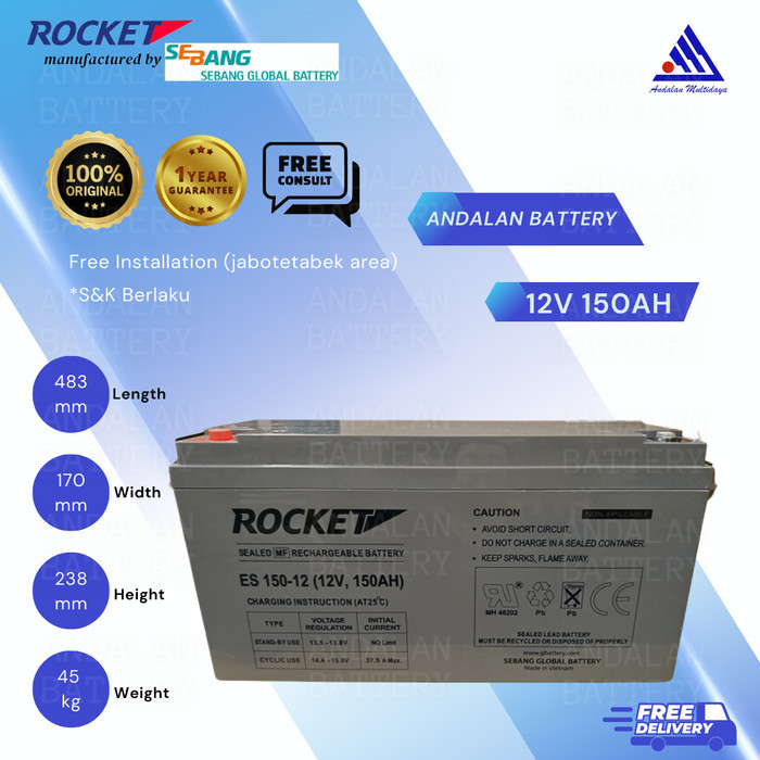 Baterai UPS Rocket ES 12V 150Ah Batere Aki Kering 12V 150Ah