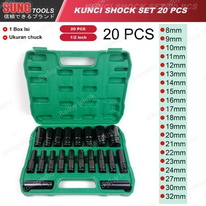 MATA SOCKET IMPACT CORDLESS PANJANG SET 20PCS DRIVE 1/2" KUNCI SOK SET