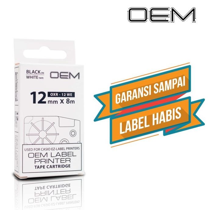 

OEM TAPE EZ LABEL CASIO 12MM BLACK INK WHITE (OXR-12WE) ORIGINAL DAN TERPERCAYA