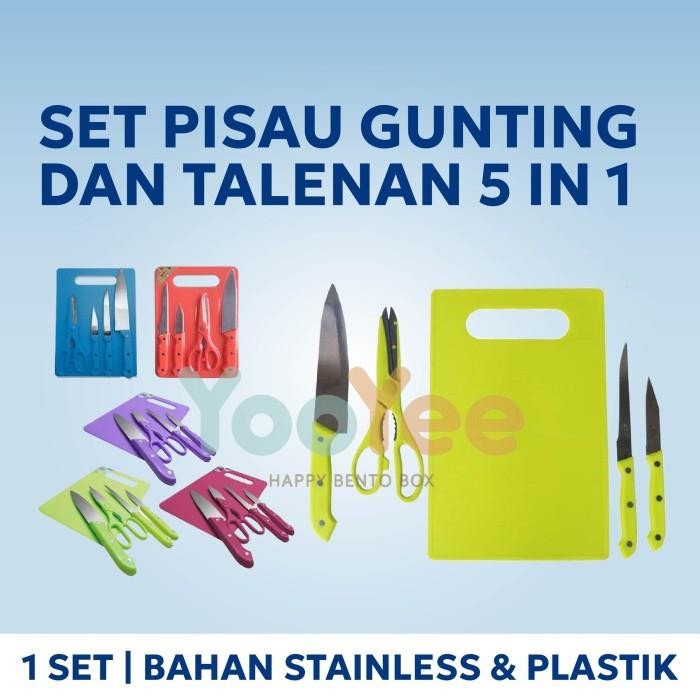 Yooyee Pisau & Gunting + Talenan Dapur Set 5in1 Kualitas Terbaik