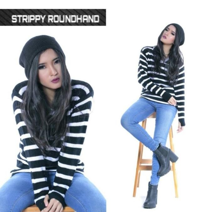 STRIPPY ROUNDHAND STRIPE BOLONG JEMPOL SWEATER RAJUT GR Diskon