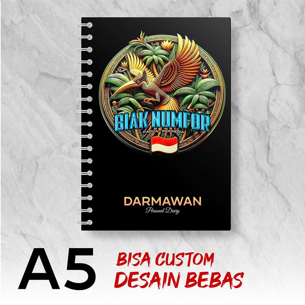 

Blocknote A5 Notebook Custom BIAK NUMFOR - PAPUA Desain Bebas - Spiral Kawat - BIKX5