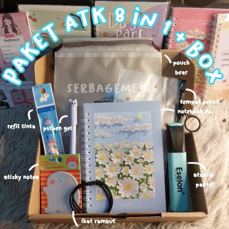 

serbagemes88 - PAKET ALAT TULIS 8IN1 / STATIONERY SET HADIAH LUCU / HAMPERS KADO GIFT BOX / ALAT TULIS SET / PAKET ALAT TULIS / SEKOLAH / STATIONERY SET FANCY / STATIONERY SET AESTHETIC / KADO UNIK UNTUK PEREMPUAN DAN LAKI LAKI / BUKU TULIS