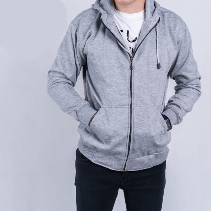 Jaket Pria Keren Distro Polos Cowok Sleting Abu Muda Casual