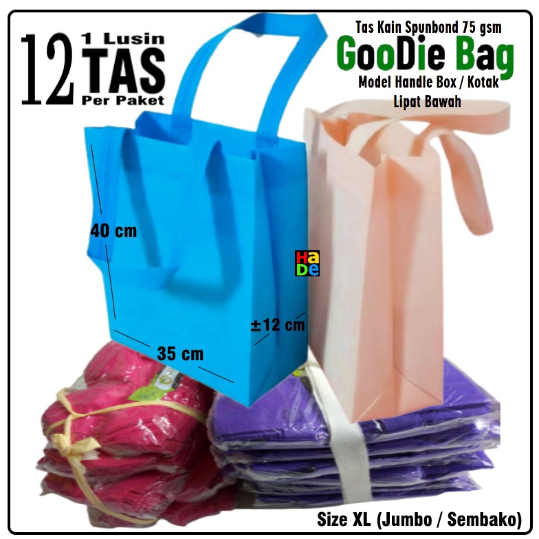 

Dijamin Baru 1 Lusin isi 12 Tas Kain Spunbond Jumbo Kotak / Handle Box Goodie Bag XL= 35x40x12 Kantong Sembako Z9R
