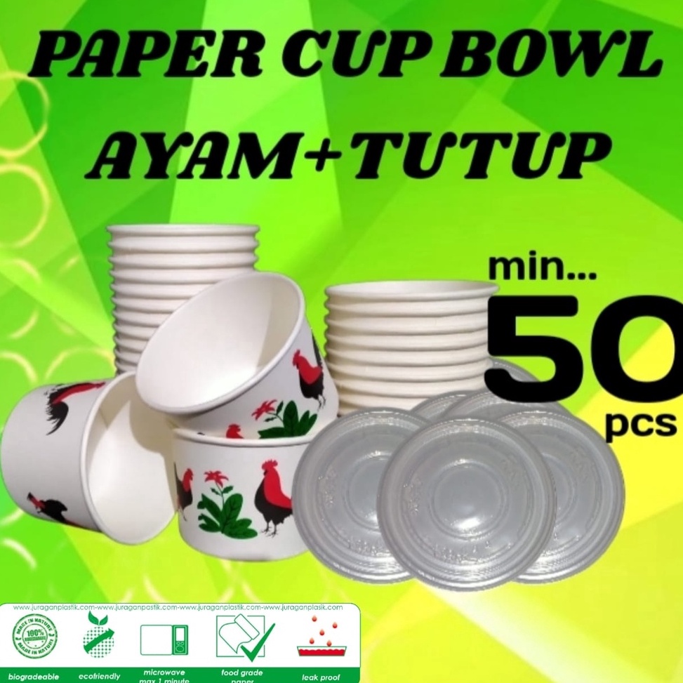 ➘NCf Mangkuk Mangkok Paper Papper Box Wadah Cup Rice Bowl isi 25 pcs Kertas Ayam Jago plus tutup Mie