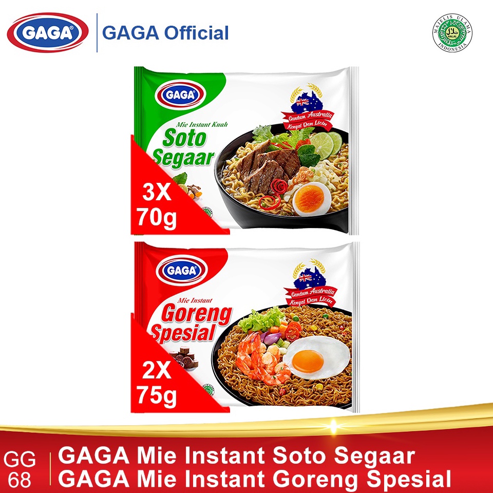 

LJKS6181 GAGA Mie Soto Segaar 70g 3pcs, GAGA Goreng Special 75g 2pcs (GG68)