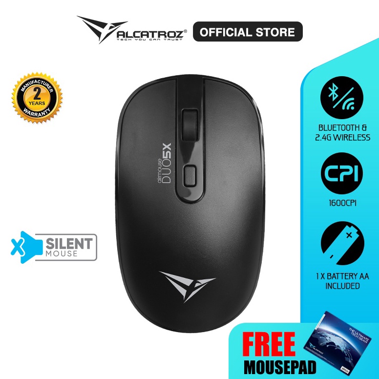 Barang Pilihan.. Mouse Wireless & Bluetooth 5.0 Alcatroz AirMouse Duo 5X Silent Click | 1600 CPI [ G