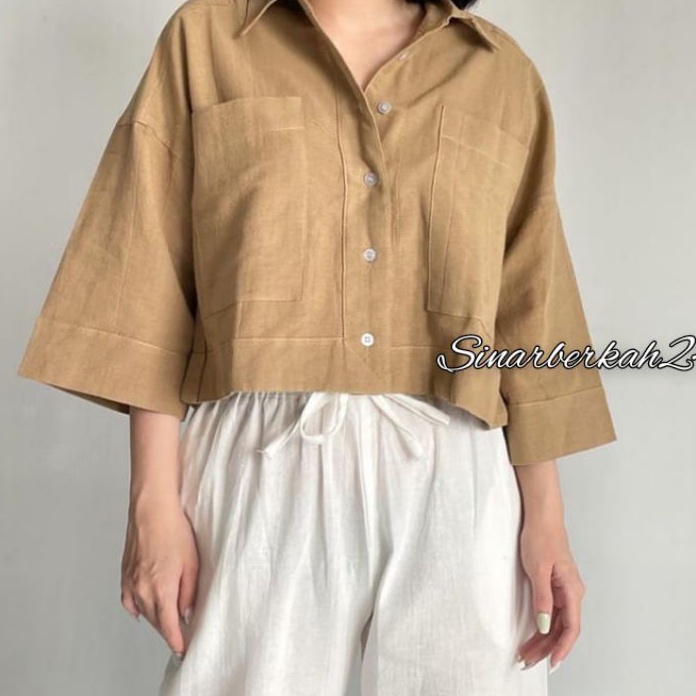 Terlaku Kemeja Crop Linen Pocket / Kemeja Outer Crop Linen / Oversized Shirt Linen / Atasan Wanita /