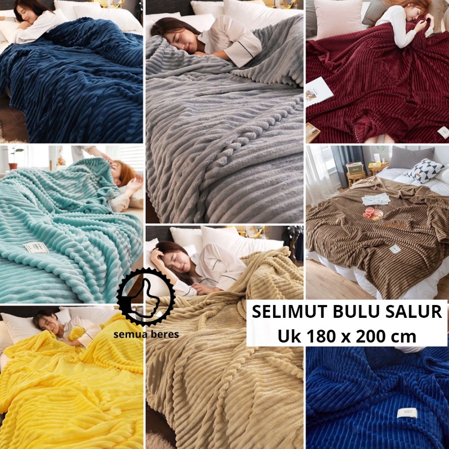 ➻SRF Selimut Bulu Embos Salur Polos Tebal 180 x 200 King Size Motif Dewasa Lembut Bagus Harga Grosir