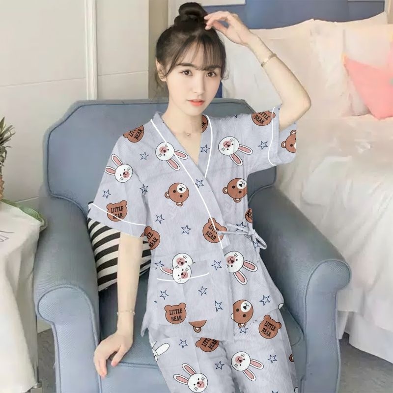 Baju Tidur Wanita Dewasa Setelan Sexy Terbaru Lengan Panjang Kimono 2In1 Kekinian Dress Pakaian Ibu 
