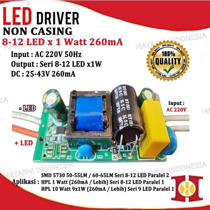 LED Driver LED 8-12 Watt 8-12W AC DC 260 mA PCB Board Tanpa Casing Box