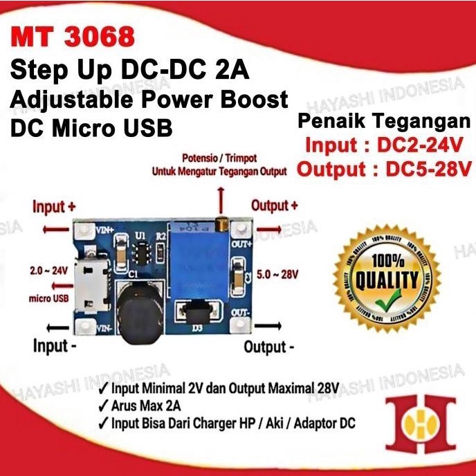 Step Up DC DC Boost 2A Micro USB Power Modul Penaik Tegangan MT3608
