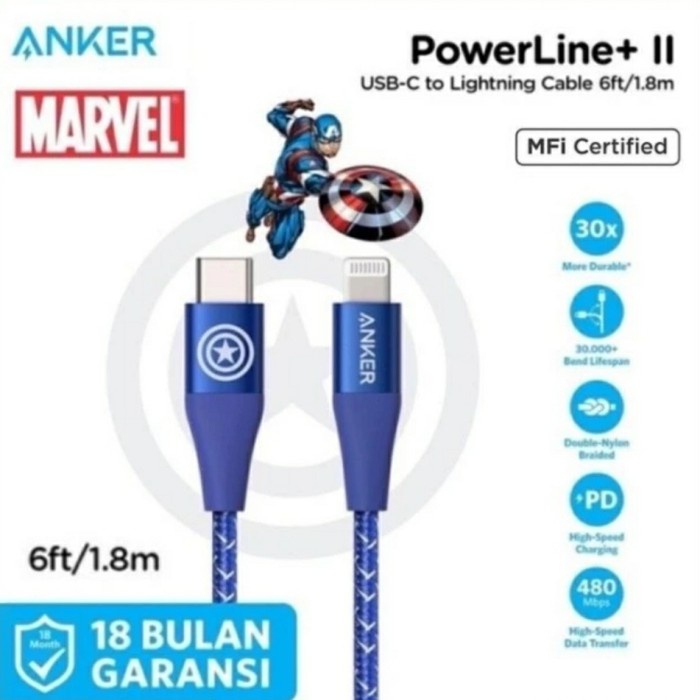 Terlaris Kabel Charger Anker X Marvel Powerline+ Ii 6Ft A9551 Captain America
