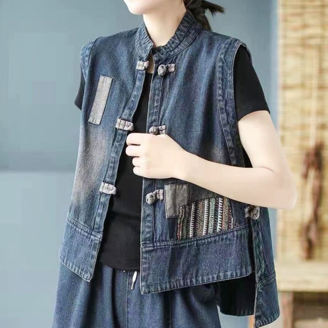 TERLARIS! VEST ROMPI DENIM JEANS OVERSIZED KANCING SHANGHAI BIRU HITAM IMPORT - Biru