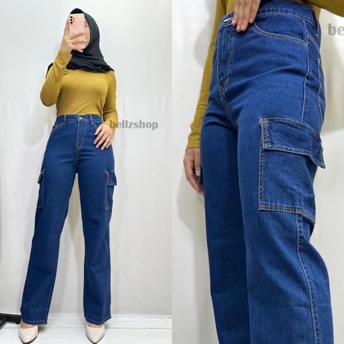Celana Kulot Jeans Cargo Wanita Highwaist Premium Biru Dongker Keira