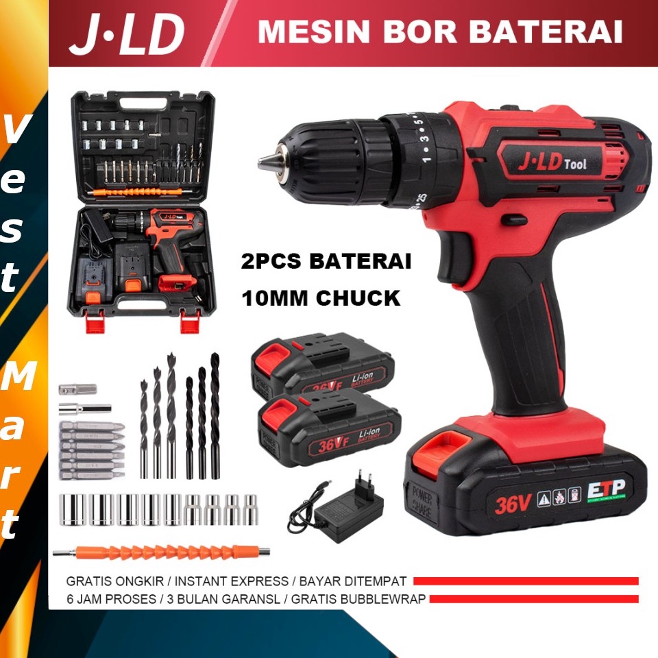 STOK TERBATAS JLD Mesin Bor 2 Baterai 36Vf Cordless Hand Drill Bisa Bolak Balik