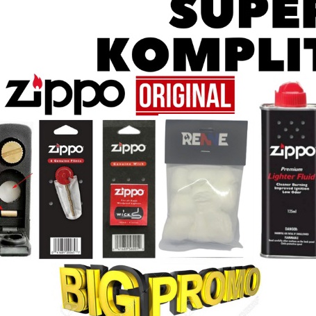 ♪↔✴❆ Paket Komplit Original (Minyak Zippo + Kapas Zippo + Sumbu Zippo + Batu Zippo + Felt Zippo)