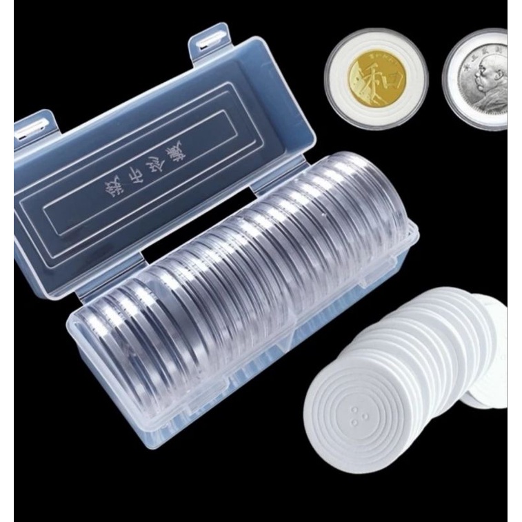 20 Pelindung Koin Kapsul Coin Bulat 46 mm Transparan Busa Box Plastik