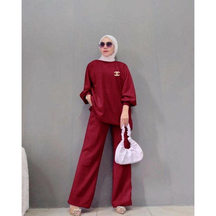 SETELAN RONA BAJU WANITA BAHAN RAJUT IMPORT DAN CELANA PANJANG MUSLIM