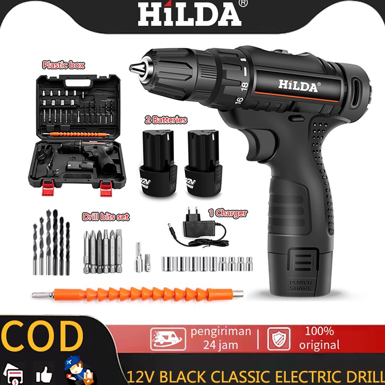 Terbaik.. HILDA Bor Baterai Mesin Bor Listrik Tanpa Kabel Impact Drill Cordless Drill Koper 2 Batera