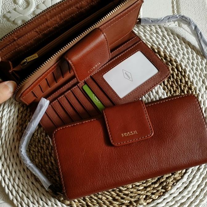 Dompet fossil madison zip clutch brown