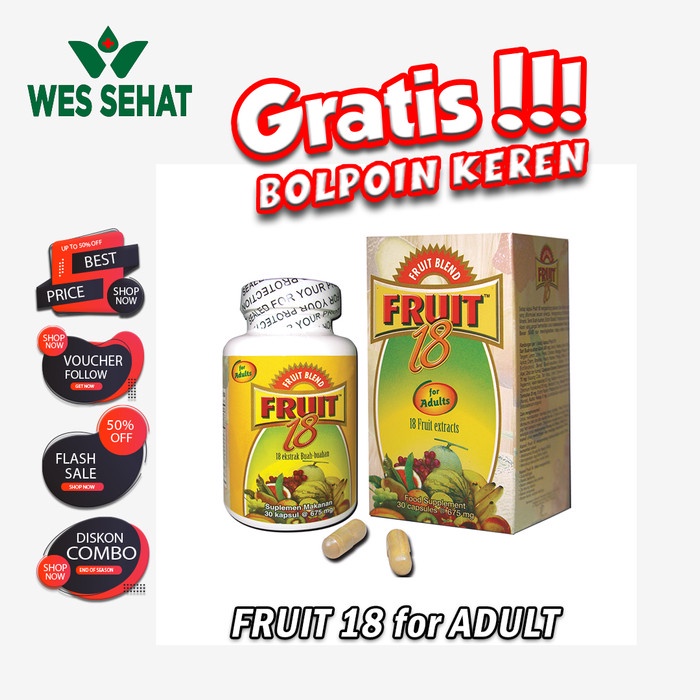 

Fruit 18 Adult 30 kapsul Suplemen buah-buahan untuk daya tahan tubuh