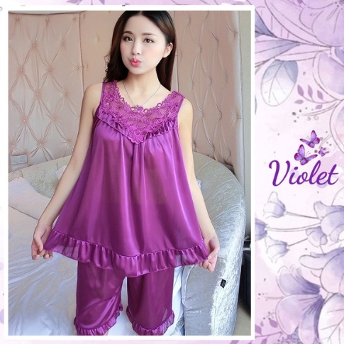 Viral Violet Hotpant Baju Tidur Wanita Set Lingerie Daster Satin Brokat Model Korea Terkini Motif Bu