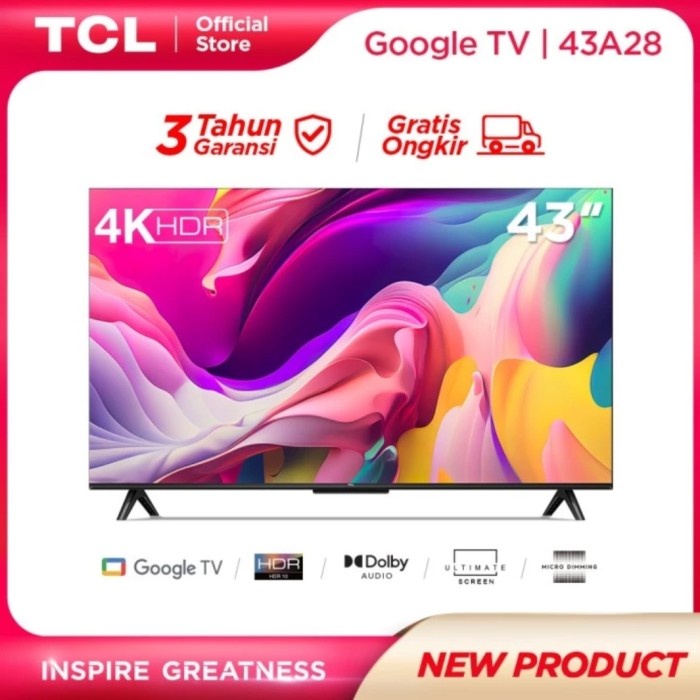 Tcl 43A28 Smart Tv 43 Inch Google Tv 4K Uhd Hdr 10 Garansi Resmi