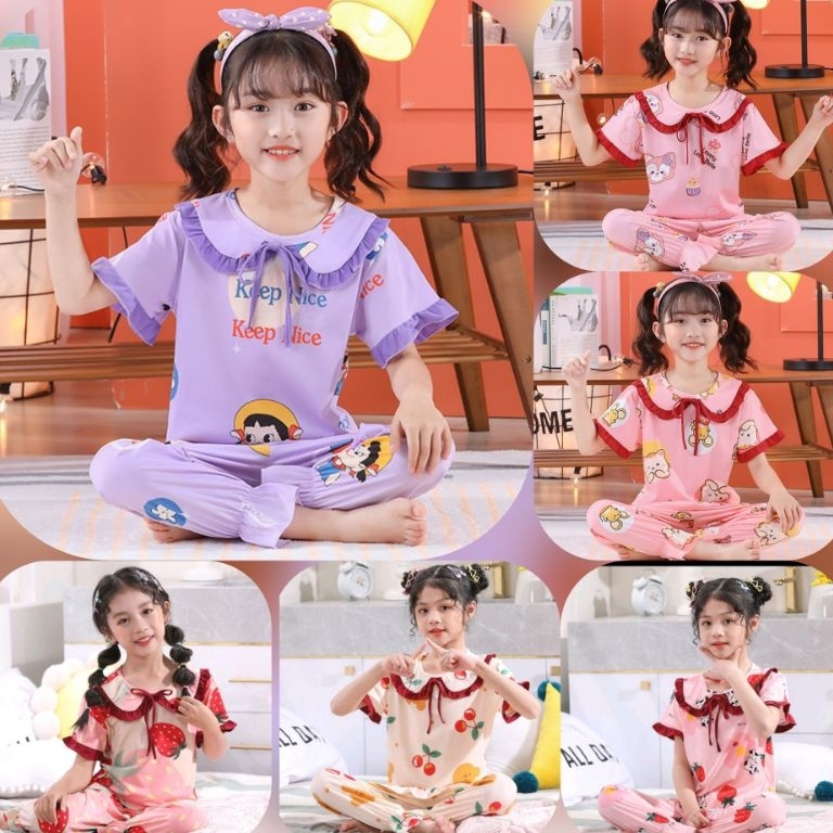 TERBARU Setelan Piyama Baju Tidur Premium Import  Celana Tangan Pendek Anak Putri Perempuan Karakter